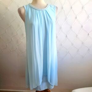 SLNY Light Blue Sleeveless Midi Dress with Beaded Neckline